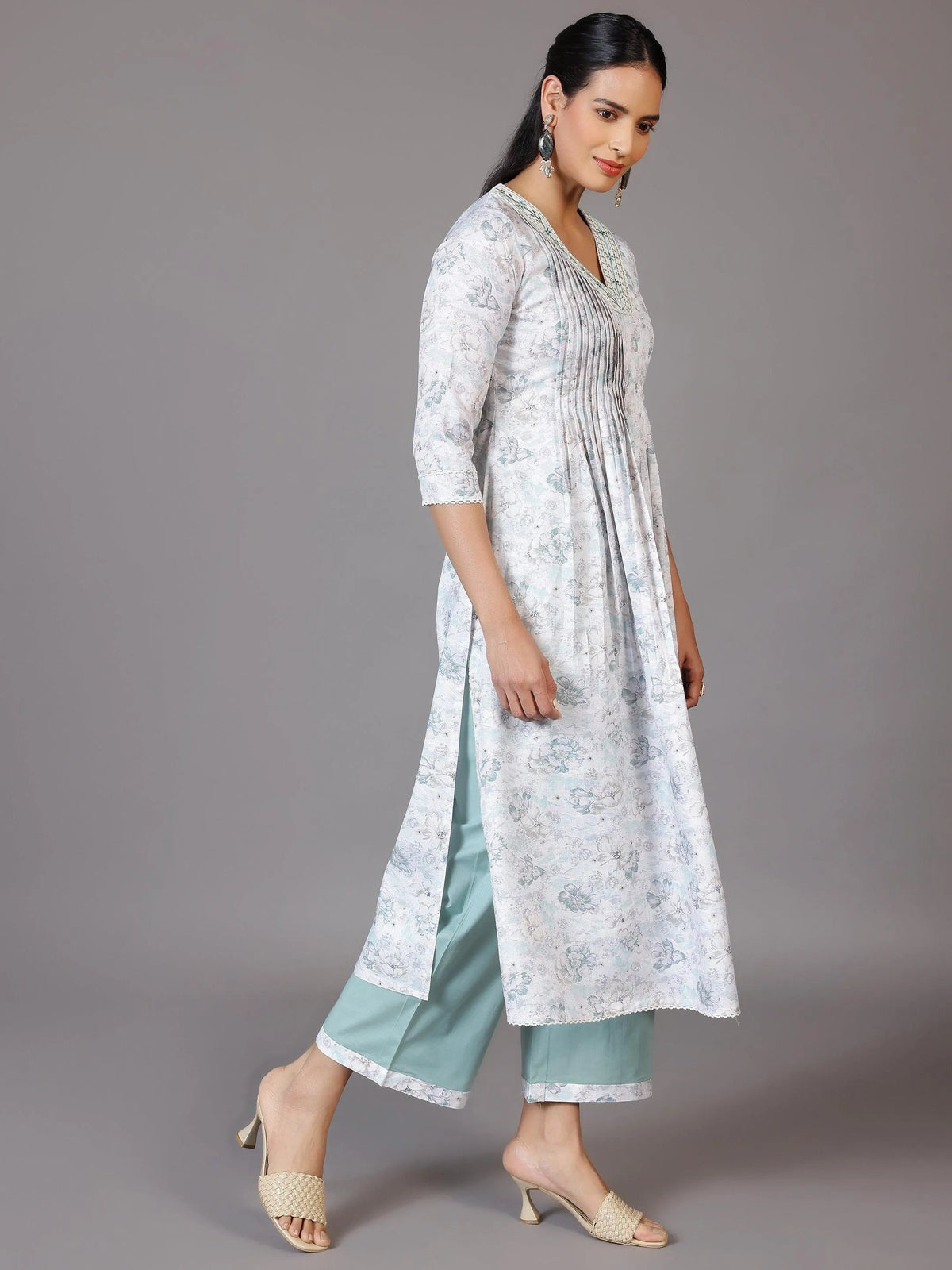 Libas Off White Printed Cotton Blend A-Line Kurta With Palazzos & Dupatta
