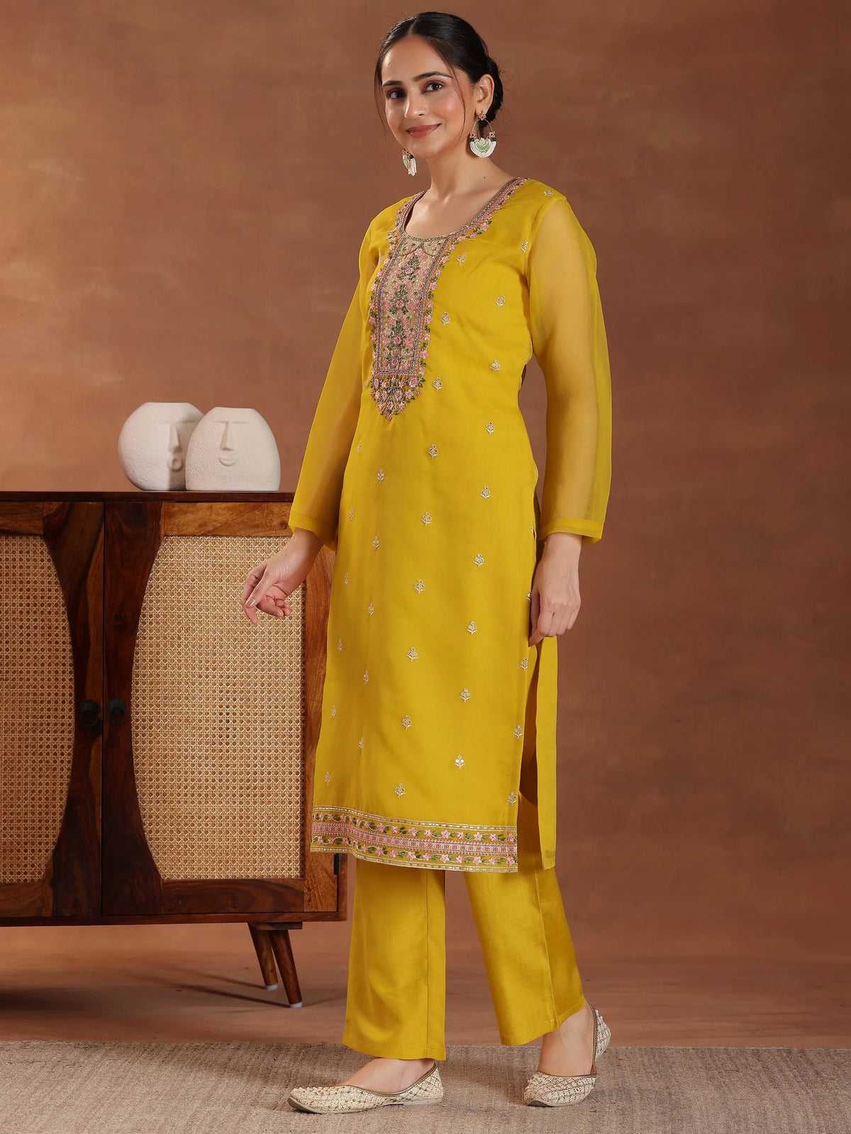 Libas Mustard Embroidered Organza Straight Suit With Dupatta