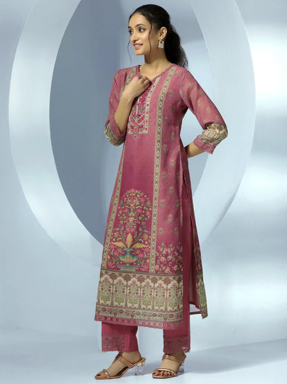 Libas Mauve Printed Cotton Blend Straight Suit With Dupatta