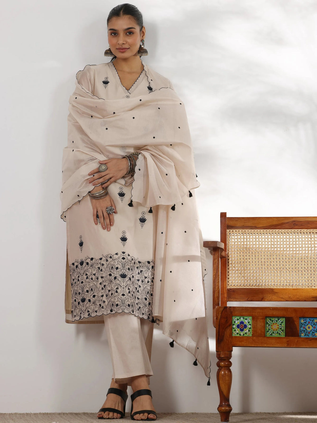 Libas Beige Embroidered Chanderi Silk Straight Suit With Dupatta