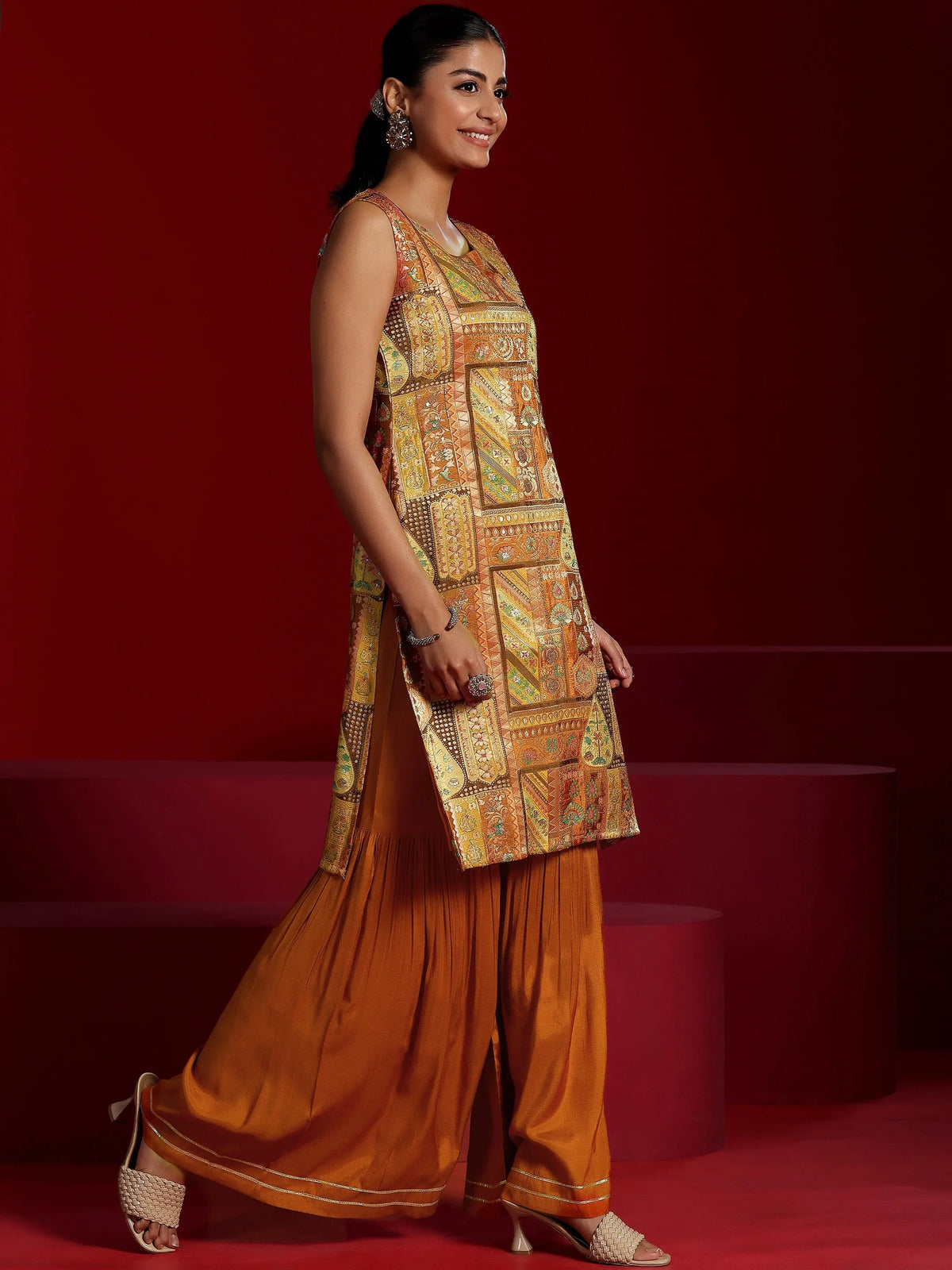 Libas Orange Woven Design Silk Blend Straight Suit With Dupatta