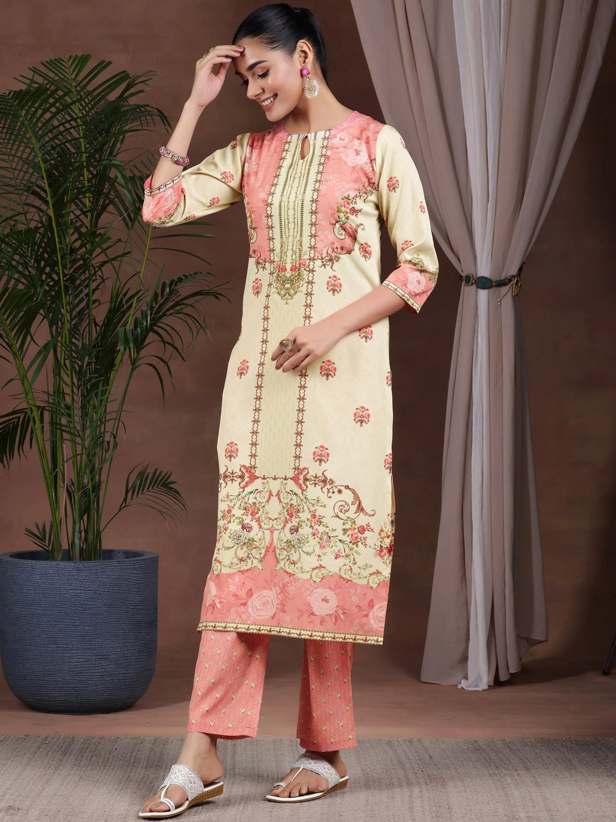 Gerua Beige Printed Poly Crepe Straight Suit With Dupatta