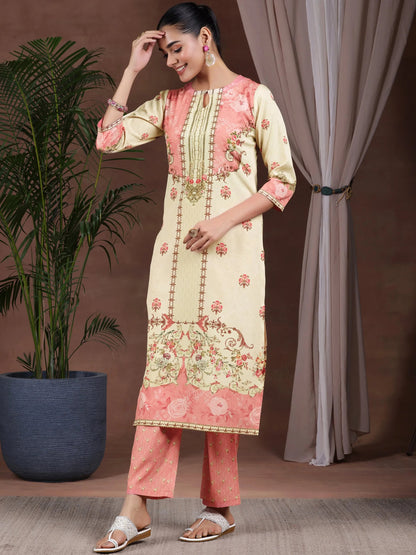 Gerua Beige Printed Poly Crepe Straight Suit With Dupatta