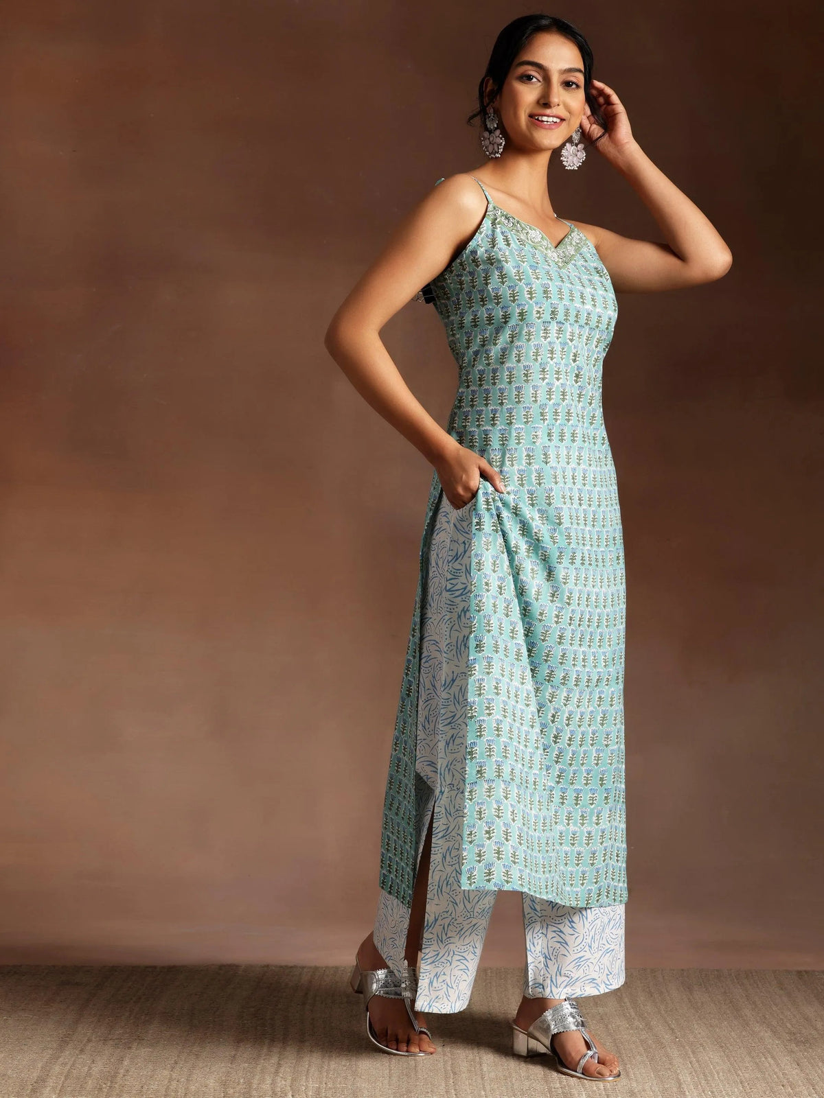 Libas Green Printed Cotton Straight Suit With Dupatta