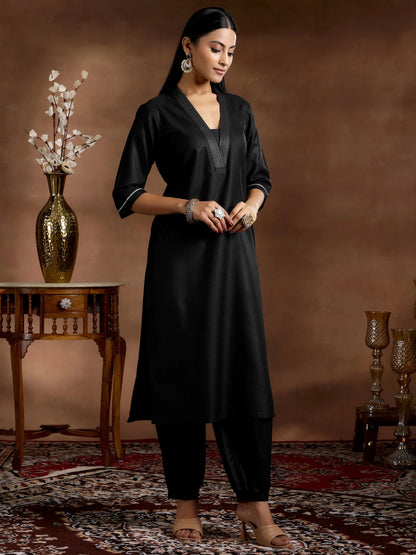 Gerua Black Solid Cotton Blend Straight Suit With Dupatta