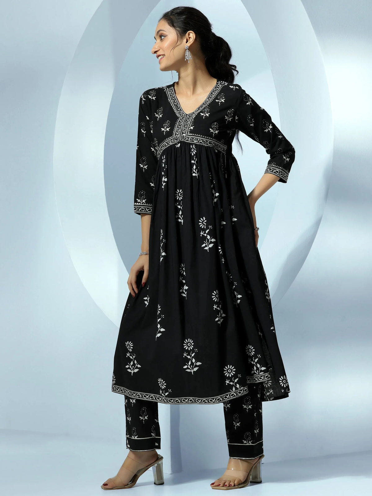 Libas Black Printed Cotton A-Line Kurta With Palazzos