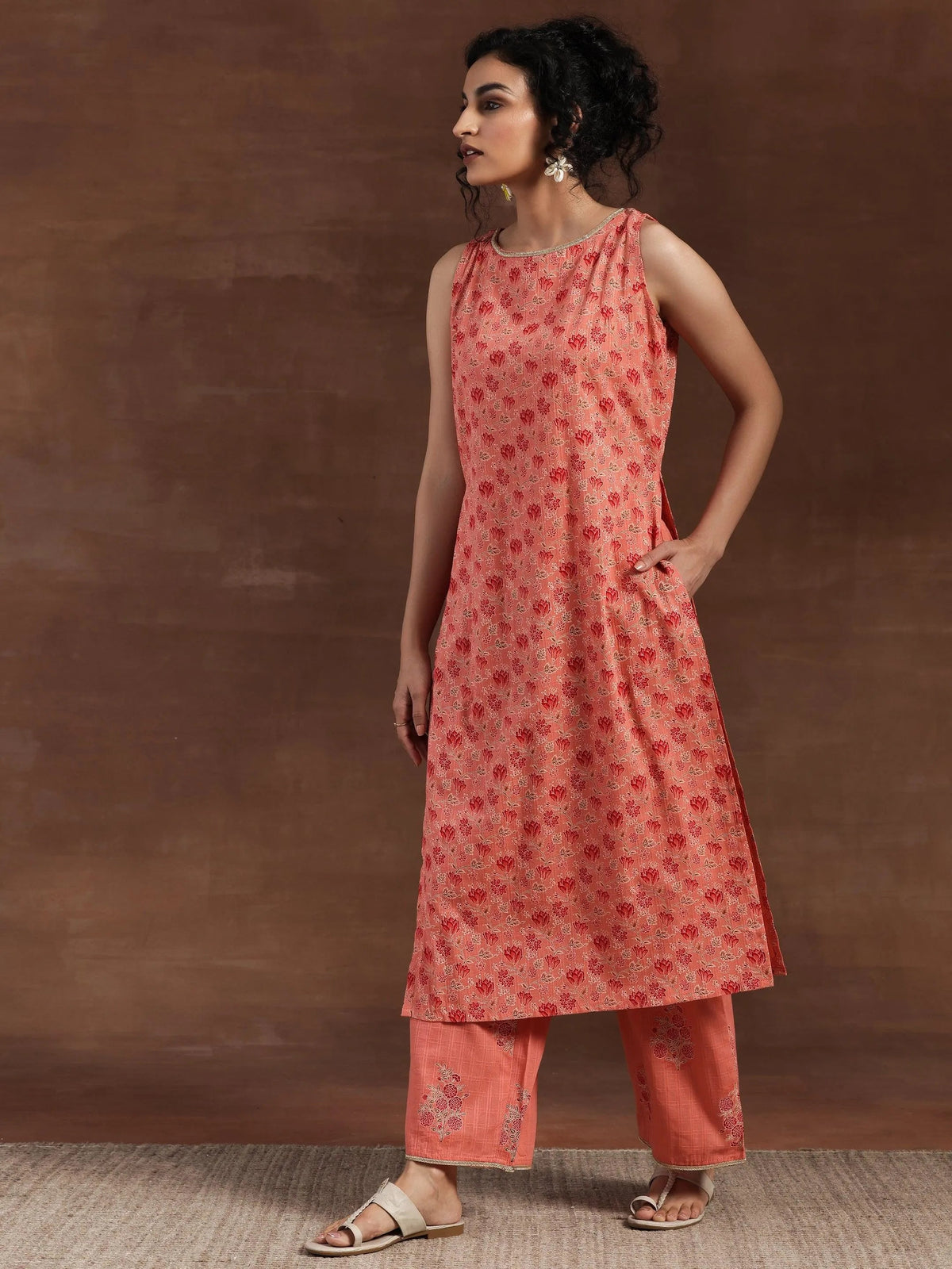 Libas Peach Printed Cotton Straight Kurta Set