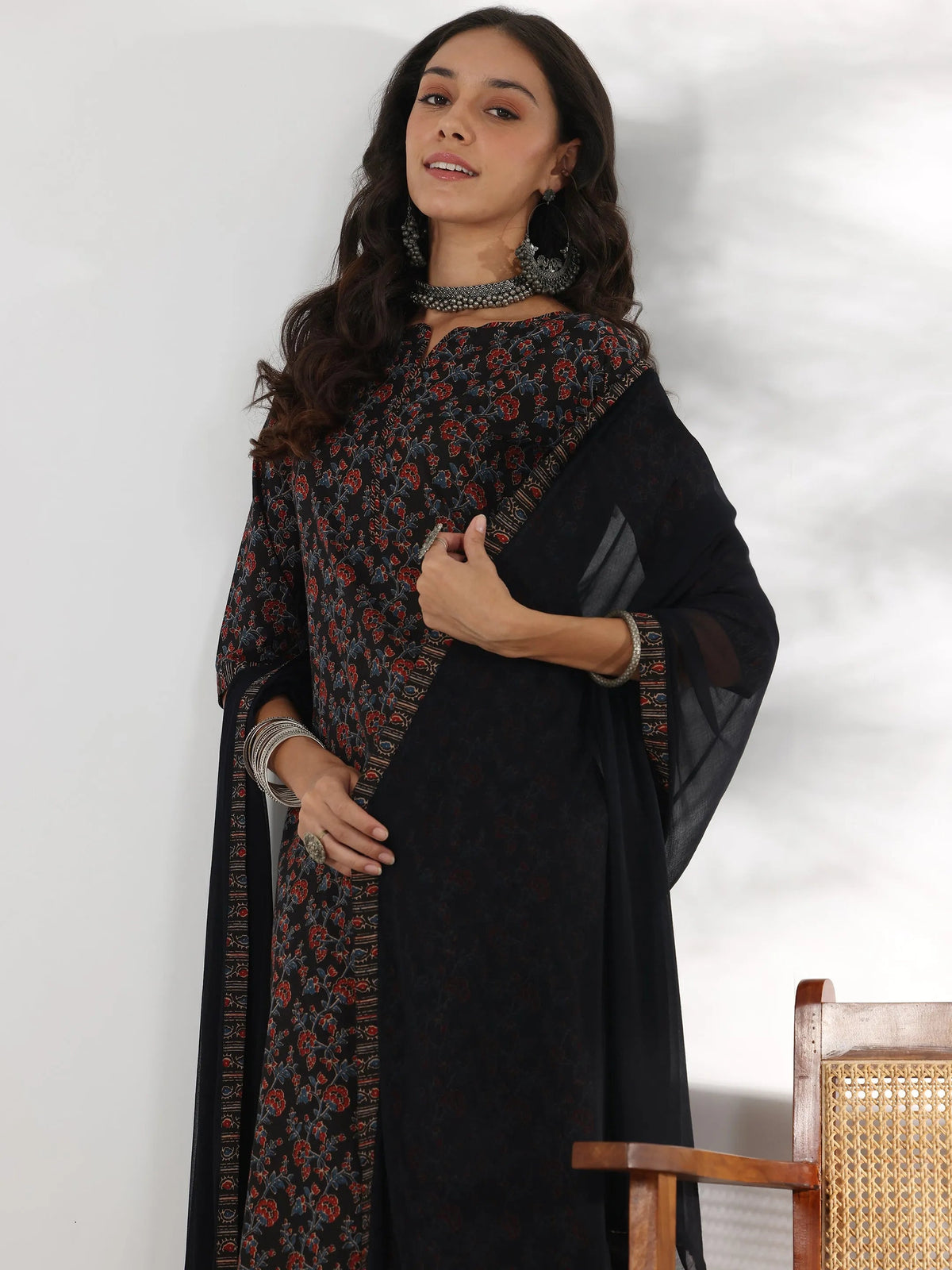 Libas Black Printed Cotton Straight Suit With Dupatta