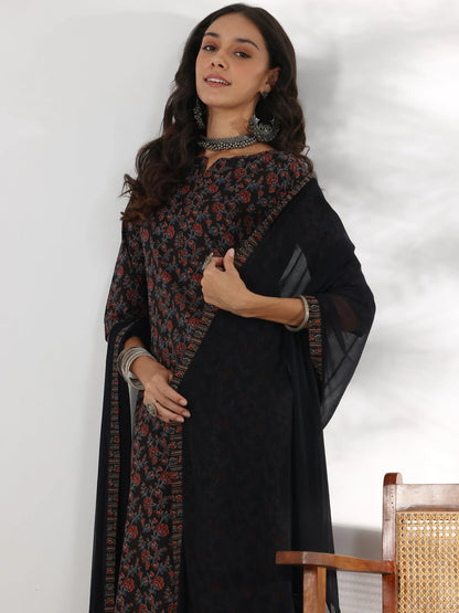Libas Black Printed Cotton Straight Suit With Dupatta