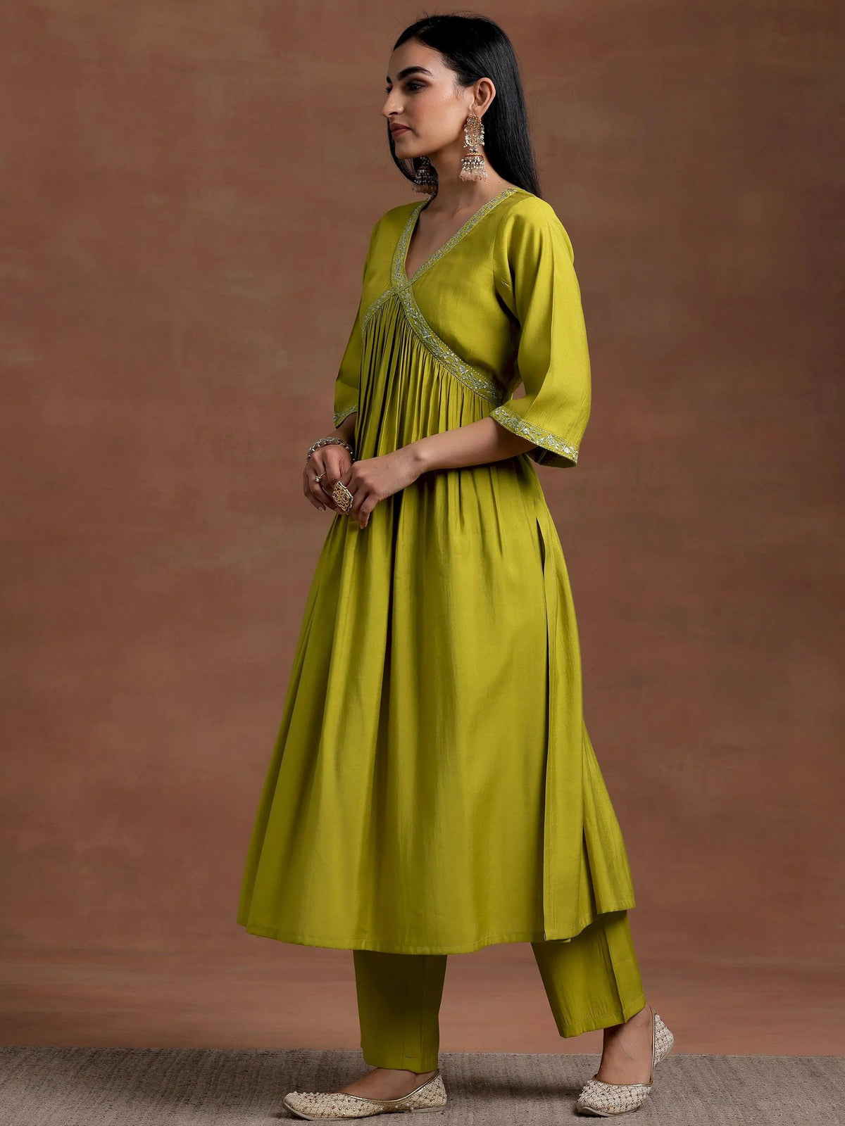 Gerua Olive Solid Silk Blend A-Line Kurta With Trousers & Dupatta