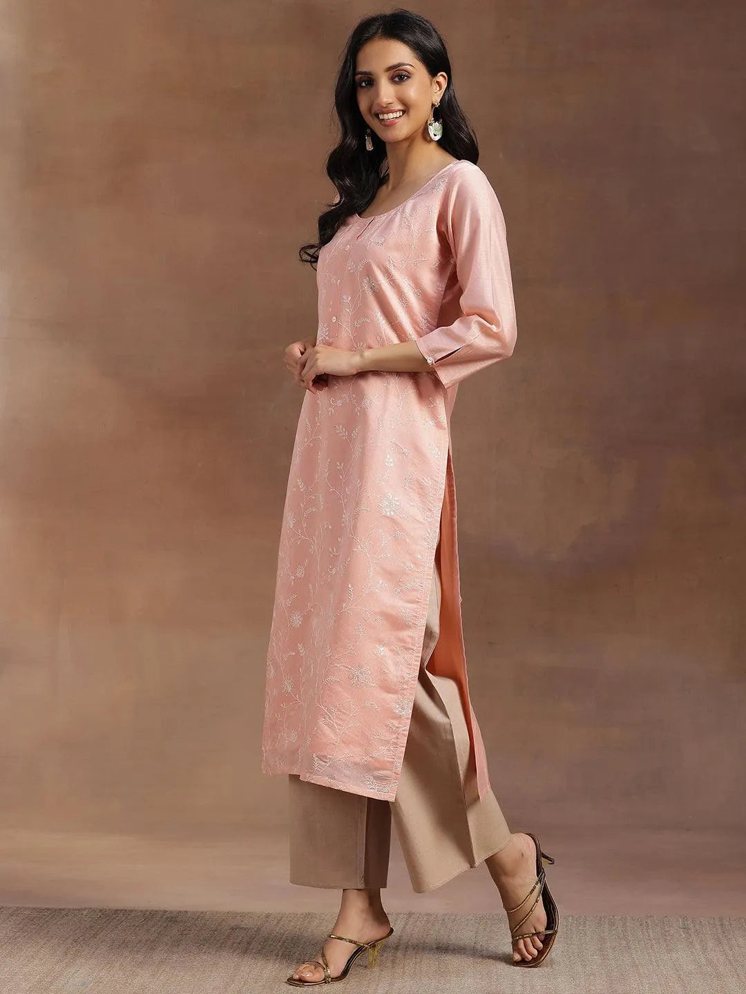Libas Peach Embroidered Chanderi Silk Straight Kurta