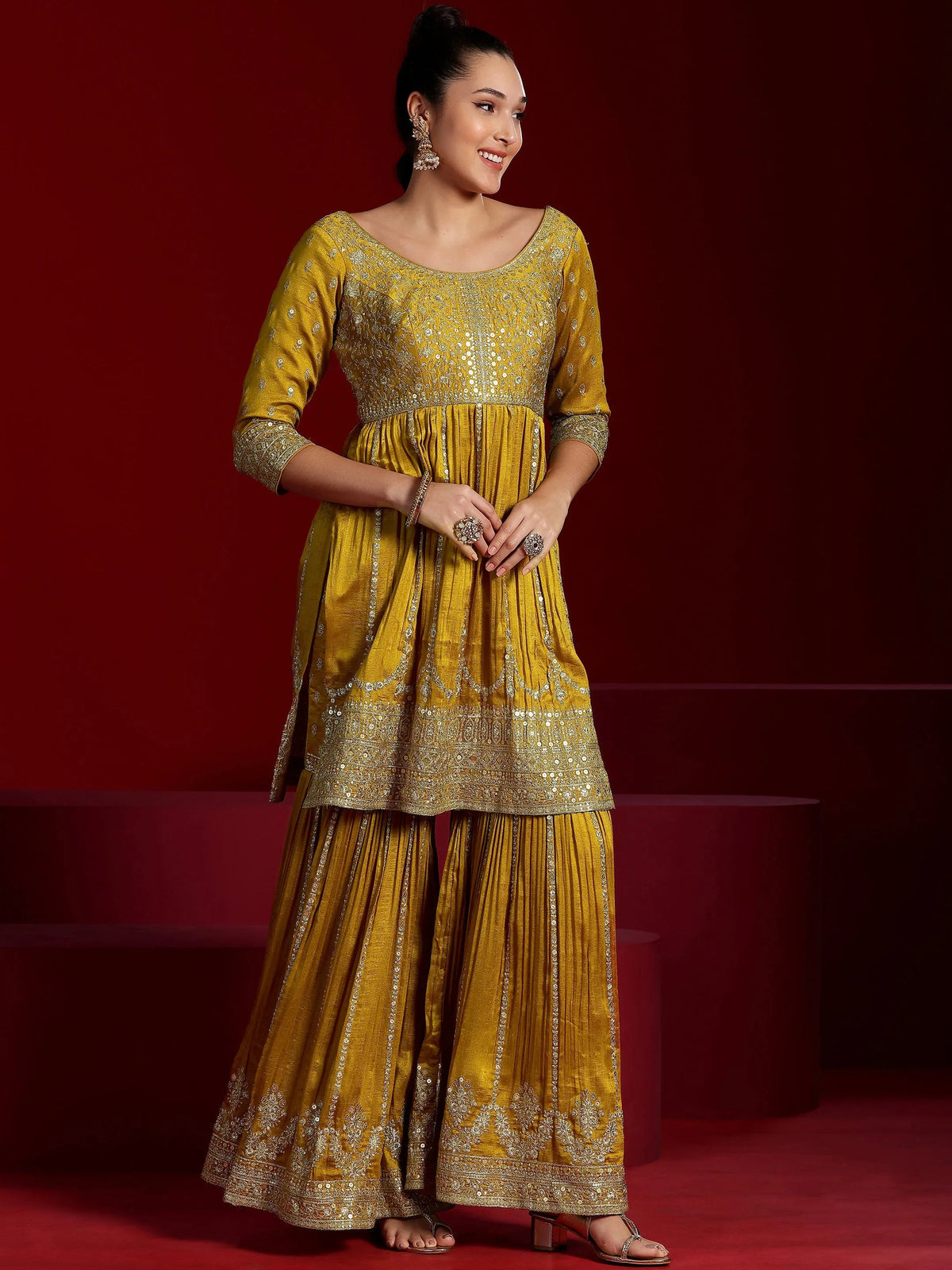 Libas Art Mustard Embroidered Silk Blend Straight Suit With Dupatta