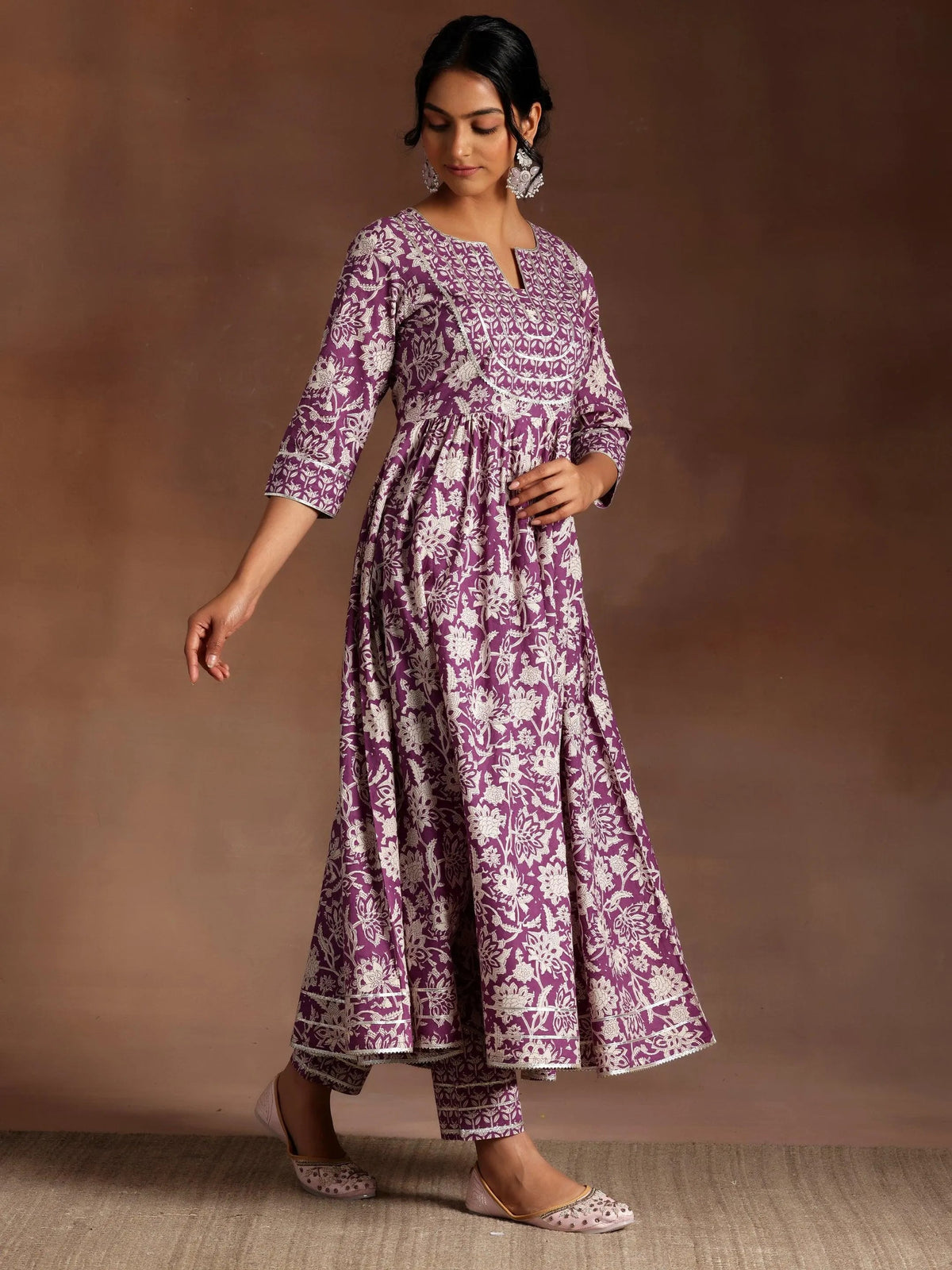 Libas Purple Printed Cotton Anarkali Suit With Dupatta