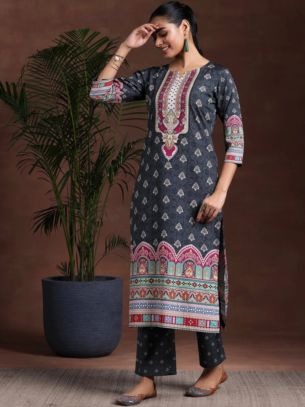 Libas Black Printed Poly Crepe Straight Suit With Dupatta