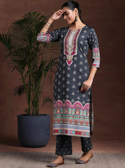 Libas Black Printed Poly Crepe Straight Suit With Dupatta