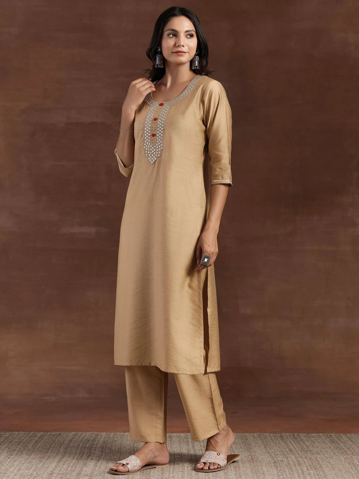 Libas Beige Yoke Design Silk Blend Straight Kurta With Trousers & Dupatta