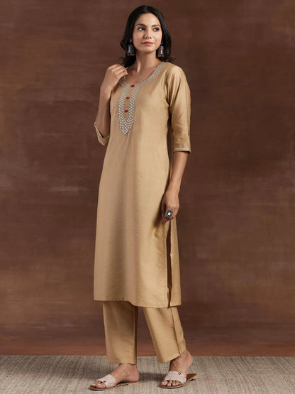 Libas Beige Yoke Design Silk Blend Straight Kurta With Trousers & Dupatta