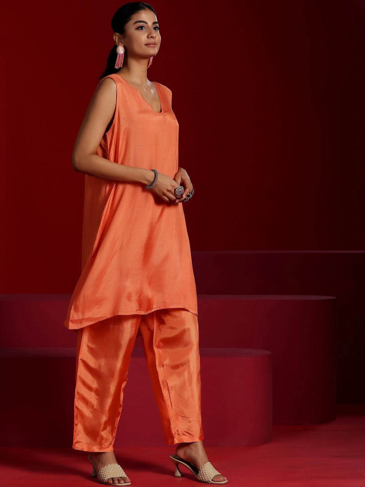 Libas Art Orange Printed Poly Georgette 3 Piece Co-Ords