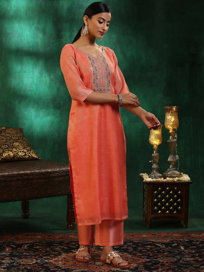 Libas Peach Yoke Design Silk Blend Straight Suit With Dupatta