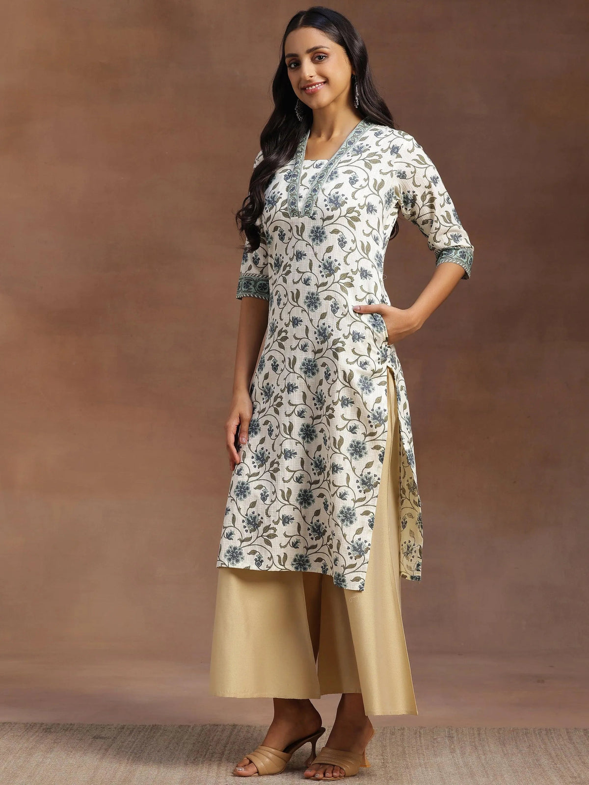 Libas Off White Printed Cotton Straight Kurta