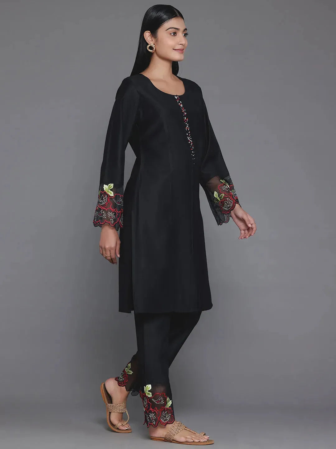 Libas Black Solid Silk Blend Straight Suit With Dupatta