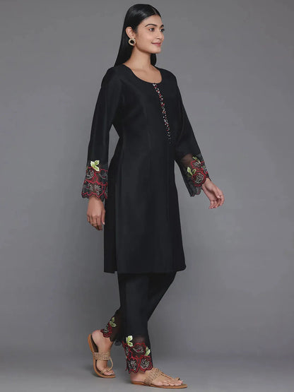 Libas Black Solid Silk Blend Straight Suit With Dupatta