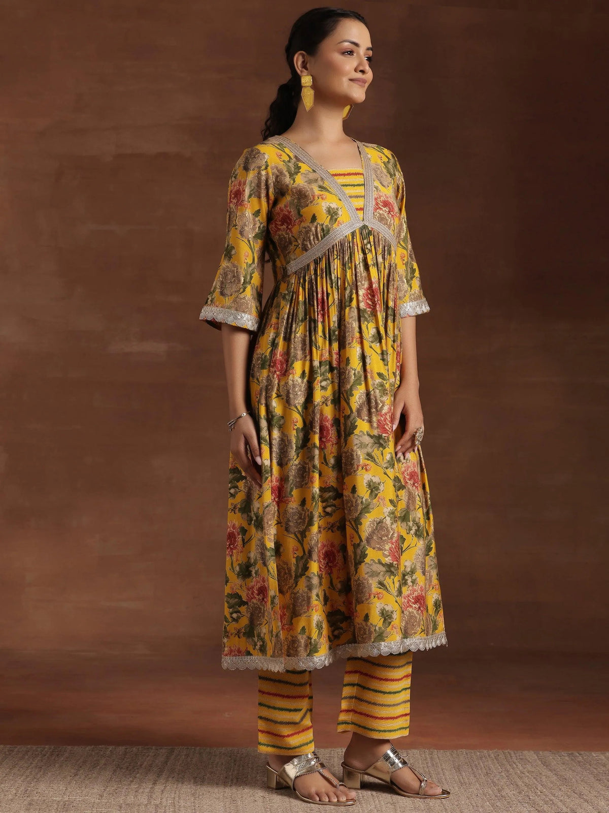 Gerua Yellow Printed Silk Blend A-Line Kurta With Trousers & Dupatta