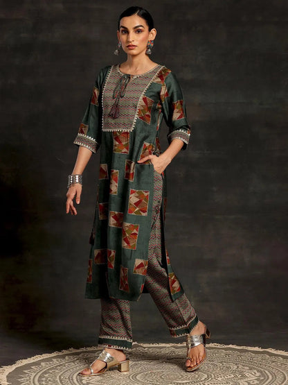 Gerua Green Printed Silk Blend Straight Suit With Dupatta