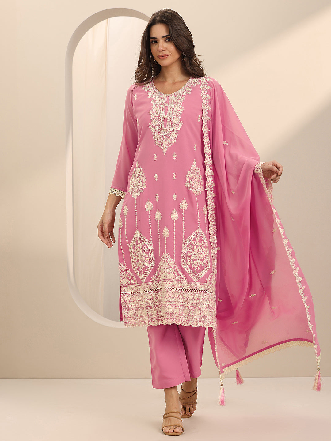 Libas Pink Embroidered Georgette Straight Suit Set With Dupatta