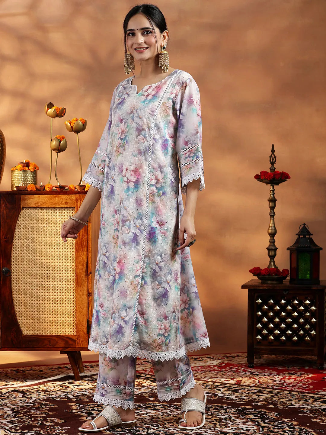 Libas Multi Printed Cotton A-Line Kurta With Palazzos