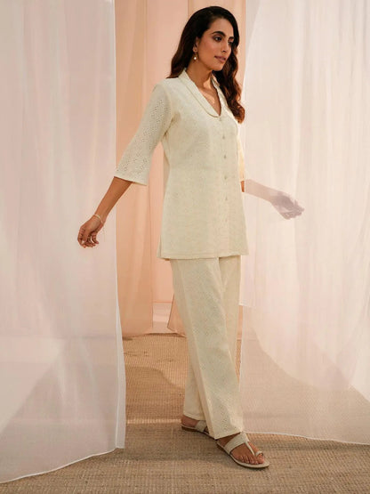 Libas Off White Self Design Cotton Shirt With Palazzos