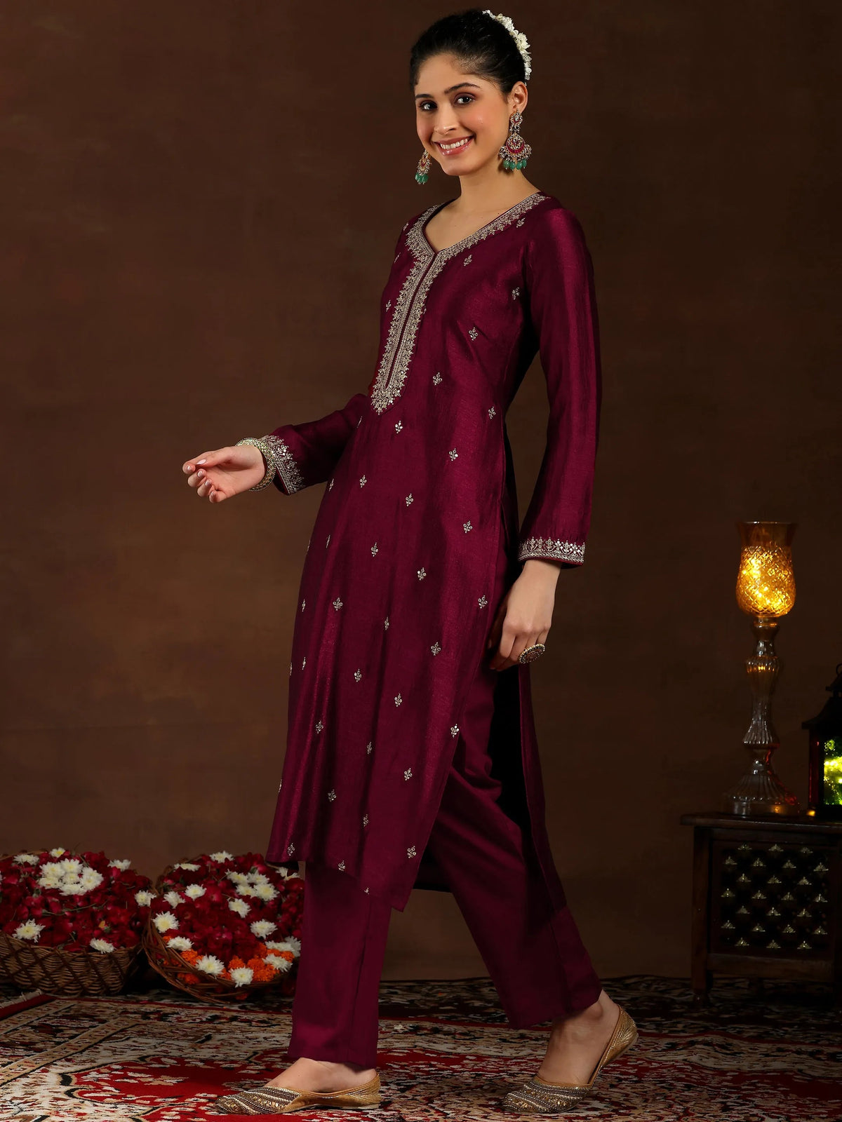 Libas Maroon Embroidered Silk Blend Straight Suit With Dupatta
