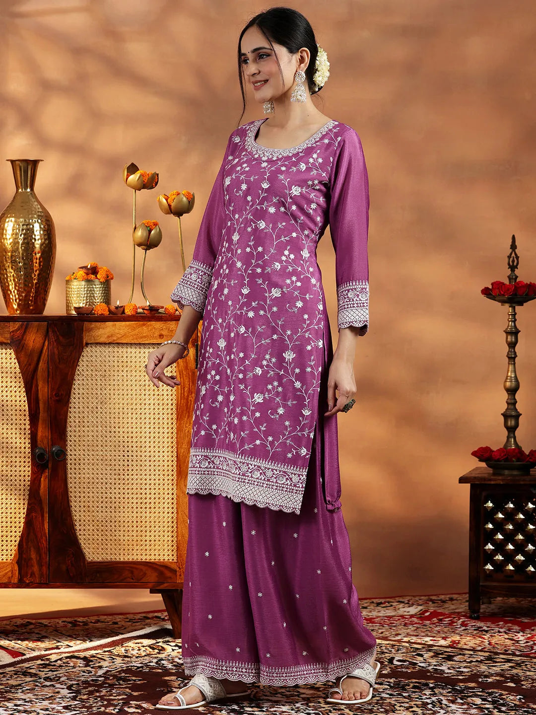 Libas Mauve Embroidered Silk Blend Straight Suit With Dupatta