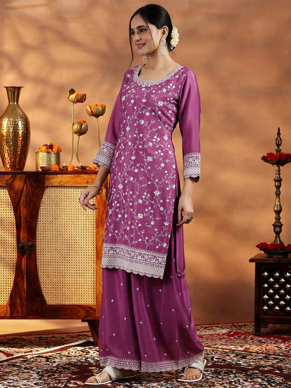 Libas Mauve Embroidered Silk Blend Straight Suit With Dupatta