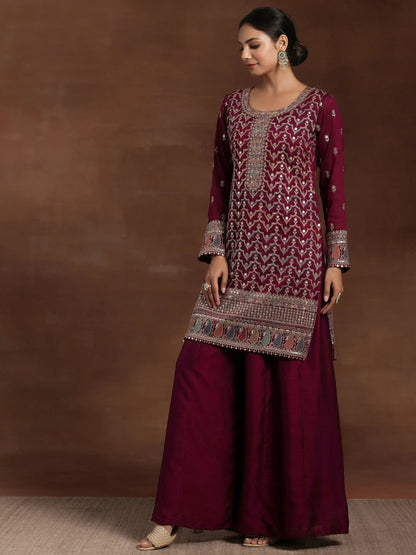 Libas Adaa Wine Embroidered Silk Blend Straight Kurta With Palazzos & Dupatta