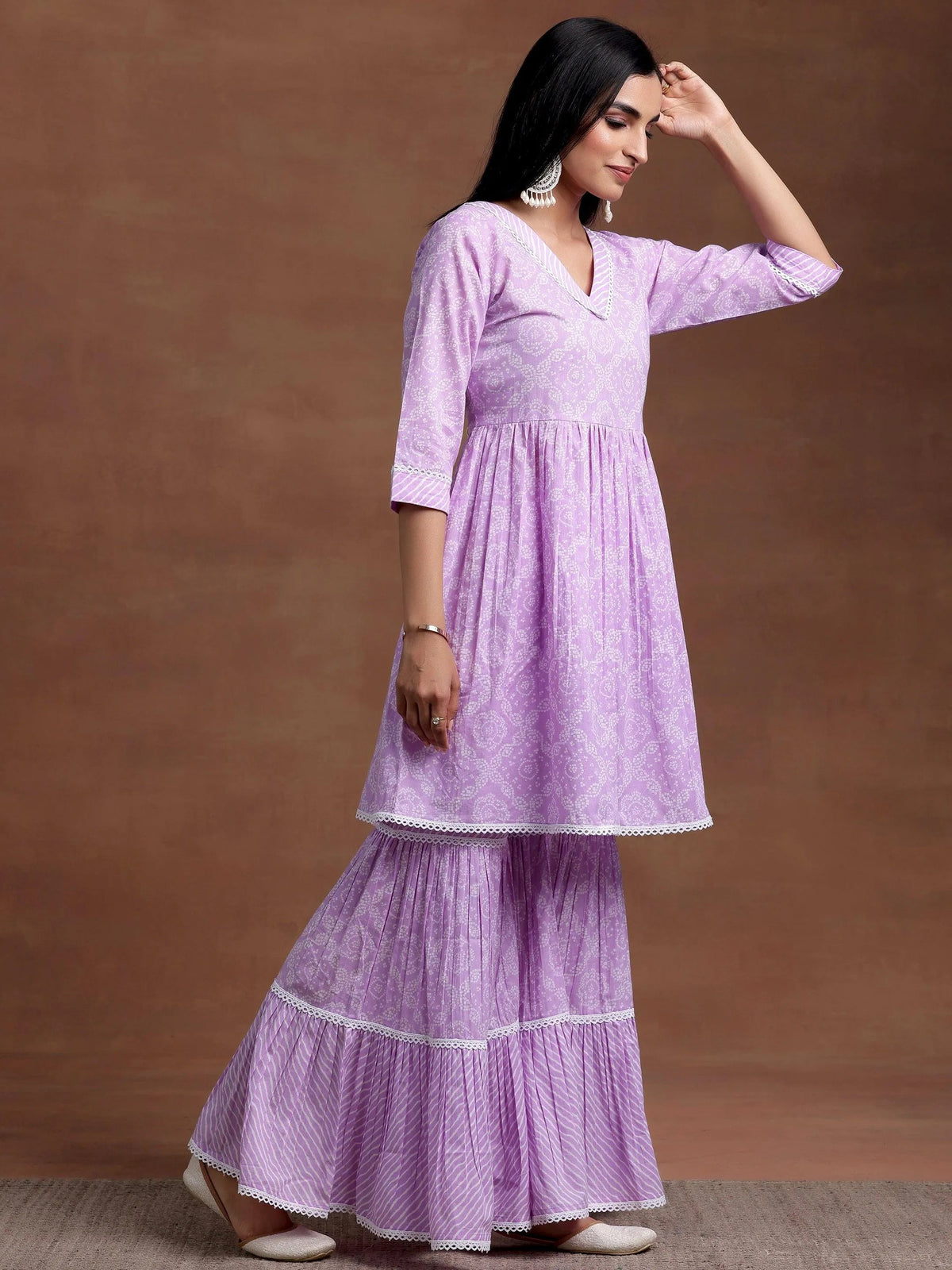 Libas Purple Printed Cotton A-Line Kurta With Sharara & Dupatta