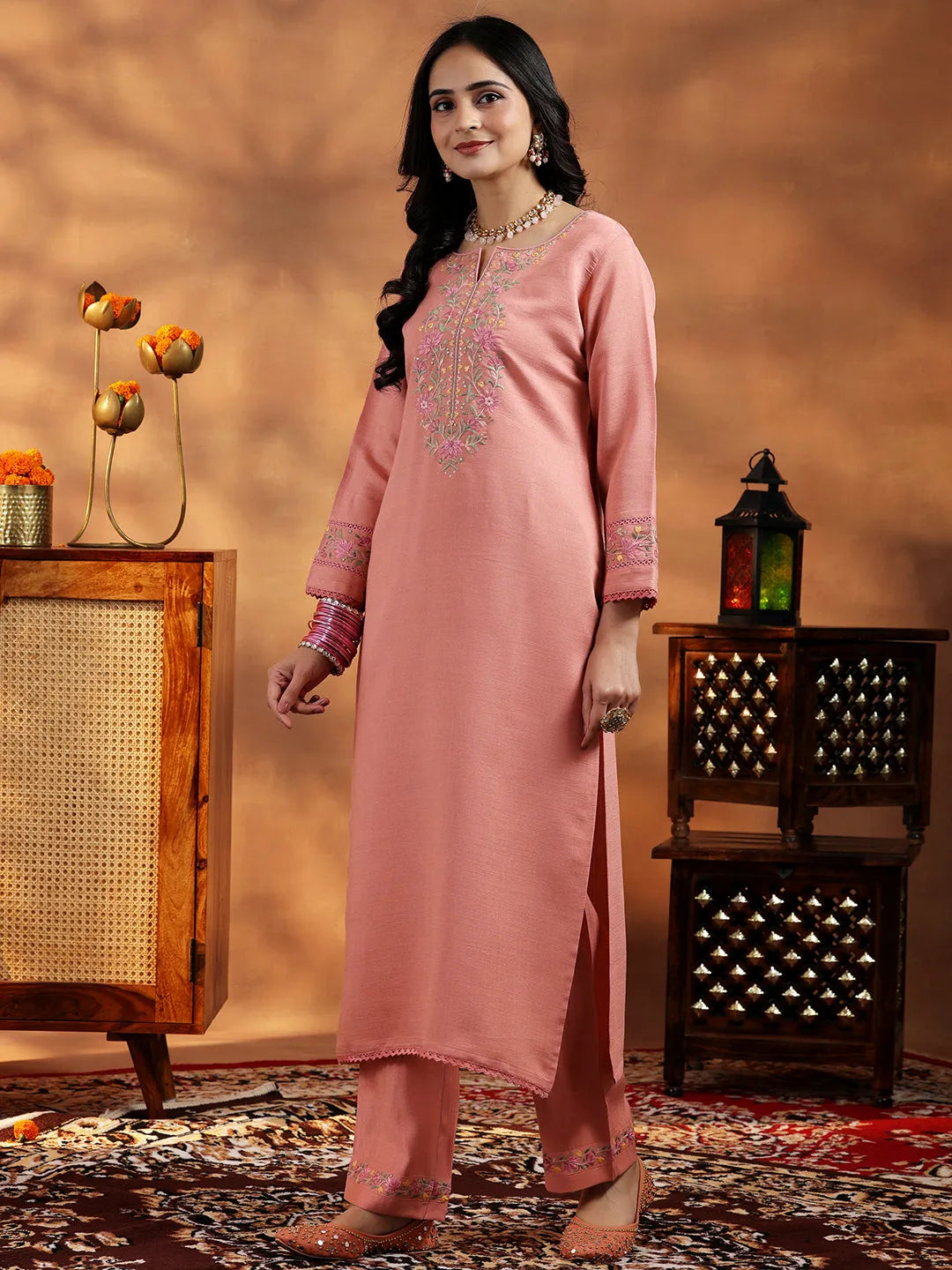 Libas Peach Yoke Design Silk Blend Straight Suit With Dupatta