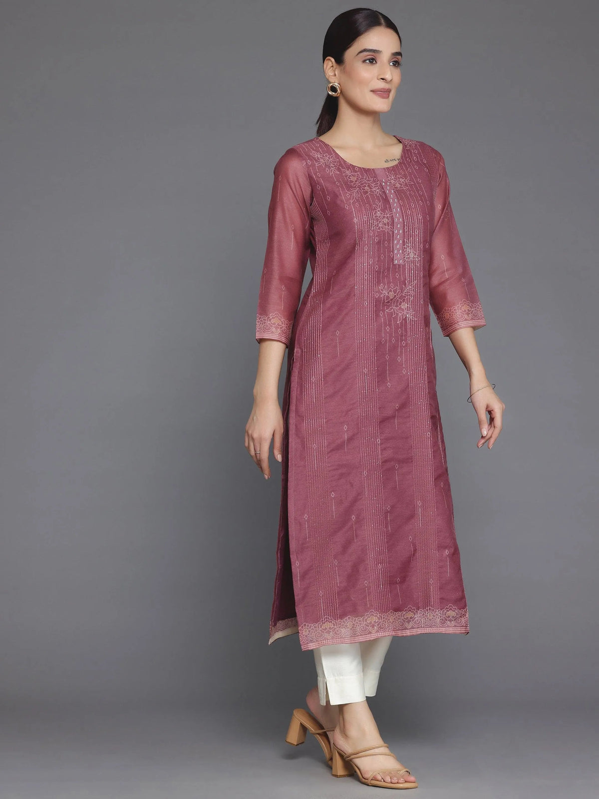 Libas Mauve Embellished Chanderi Silk Straight Kurta