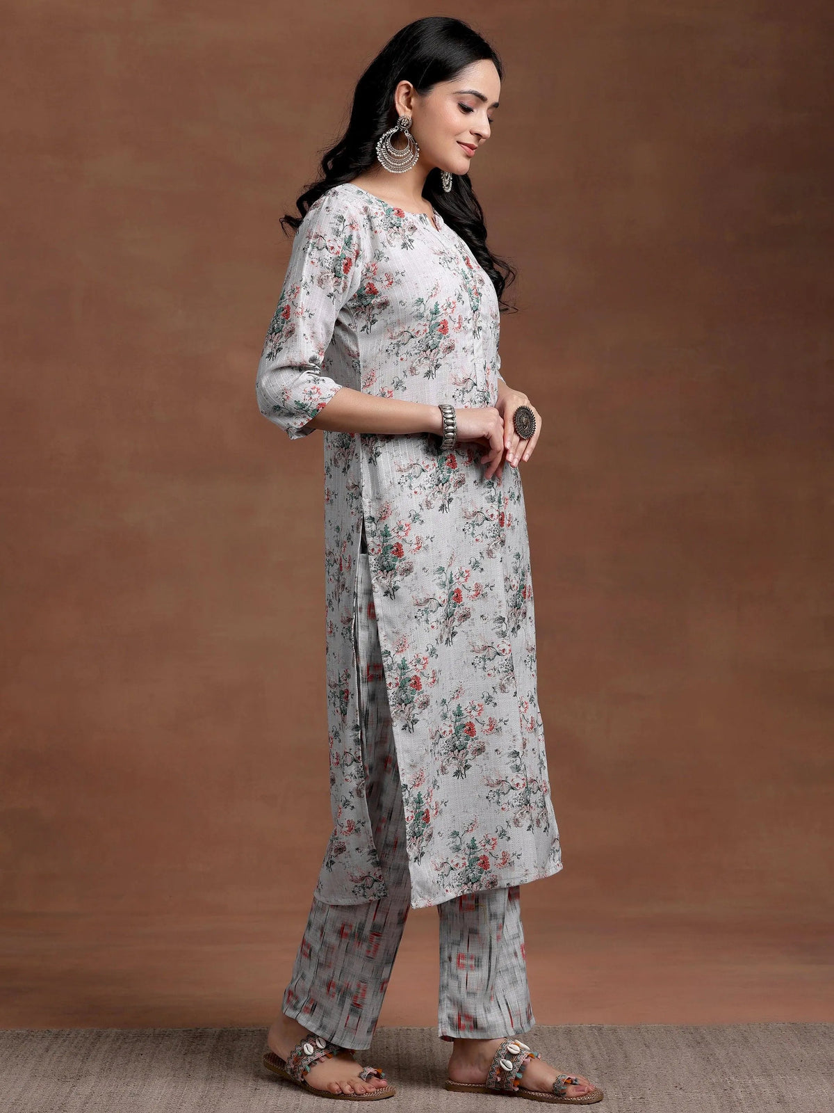 Libas Grey Printed Cotton Straight Suit With Dupatta