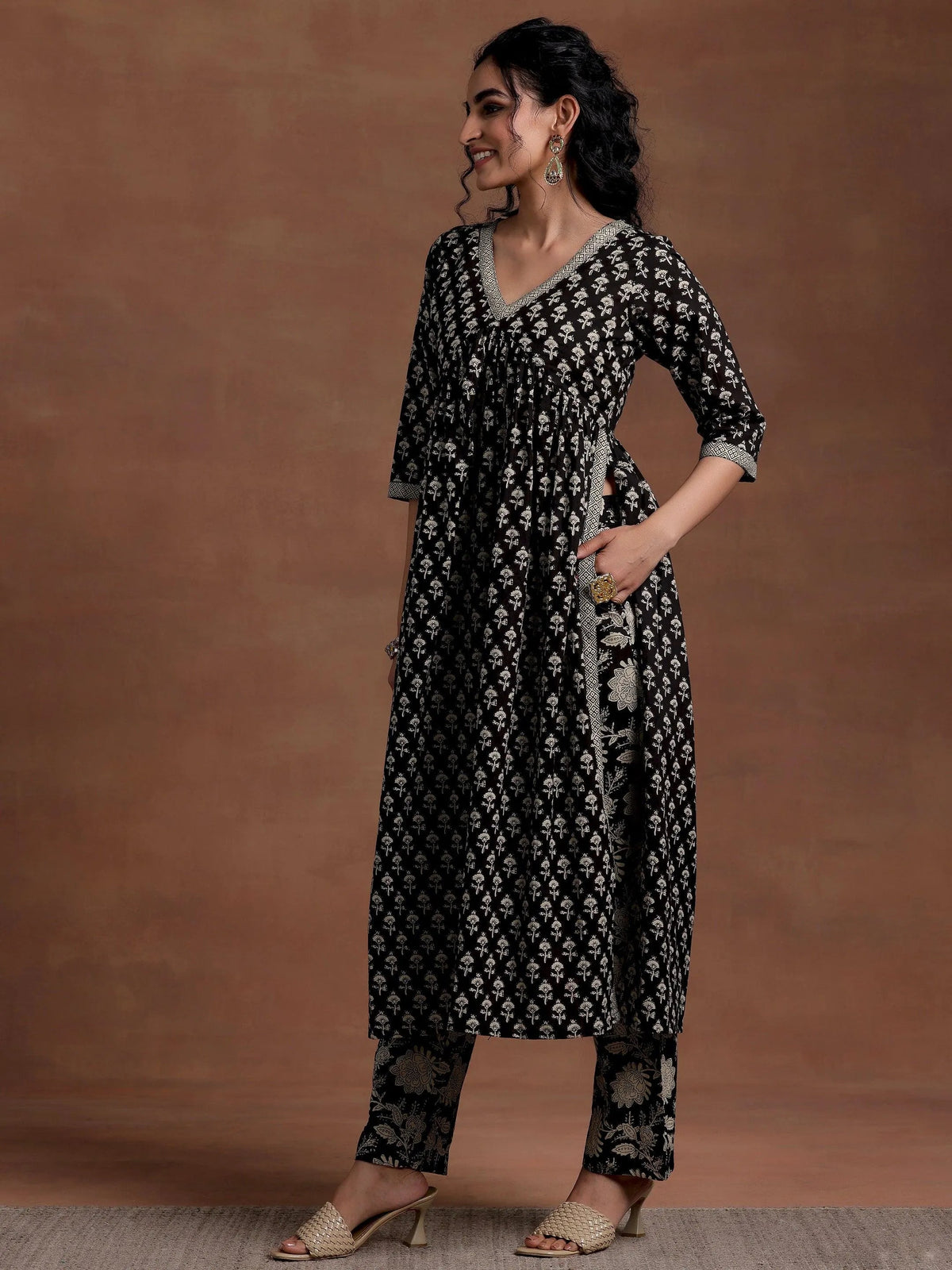 Libas Black Printed Cotton A-Line Kurta With Palazzos
