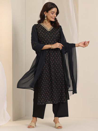 Libas Black Printed Cotton Straight Suit Set With Dupatta