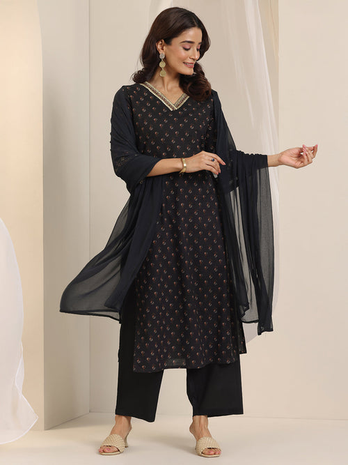 Libas Black Printed Cotton Straight Suit Set With Dupatta