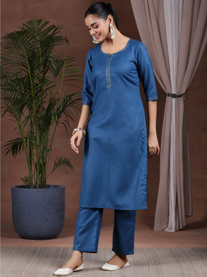 Gerua Navy Blue Solid Cotton Blend Straight Suit With Dupatta