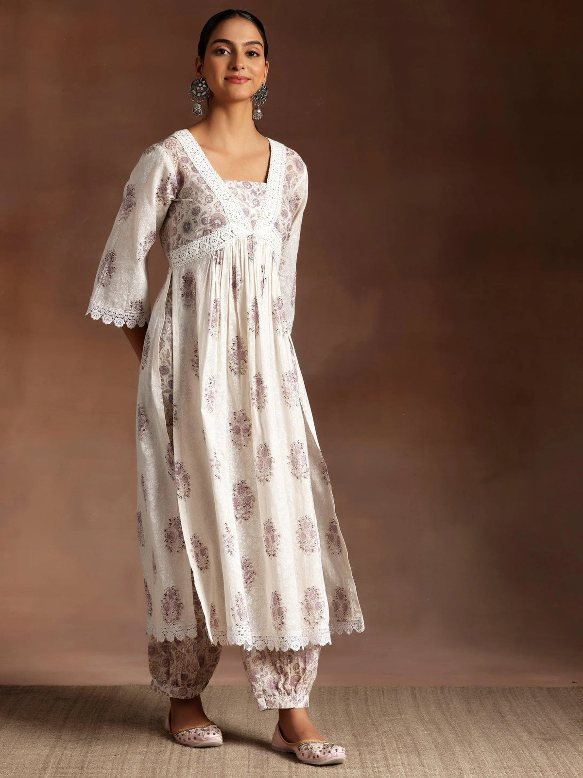 Libas Jannat White Printed Cotton A-Line Kurta With Salwar & Dupatta