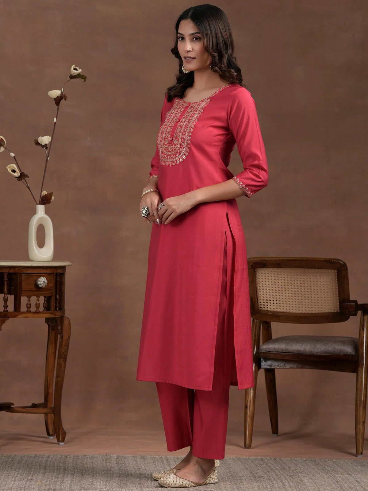 Libas Pink Yoke Design Silk Blend Straight Suit With Dupatta