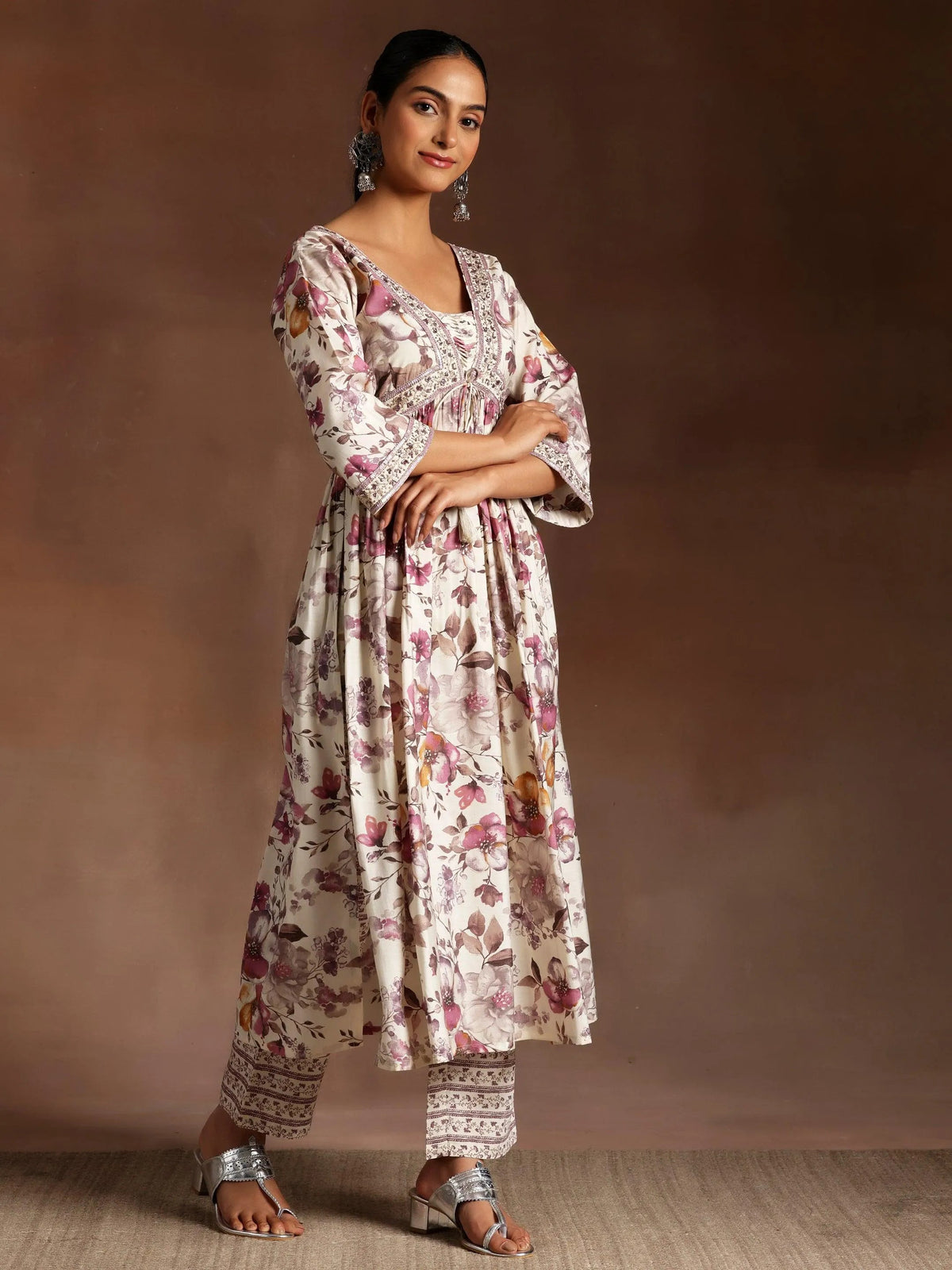 Libas Off White Printed Silk Blend A-Line Kurta With Palazzos & Dupatta