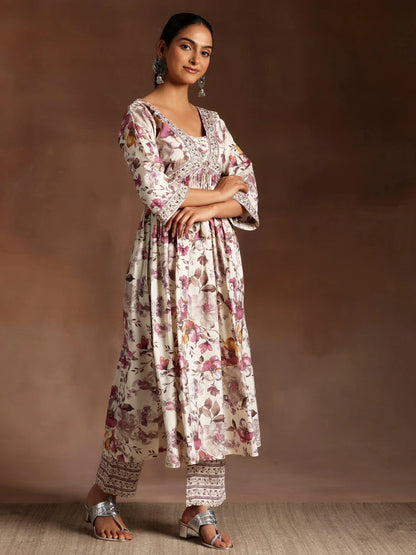 Libas Off White Printed Silk Blend A-Line Kurta With Palazzos & Dupatta