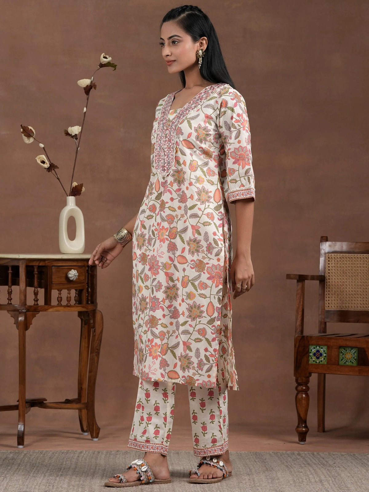 Libas Off White Printed Cotton Straight Kurta Set
