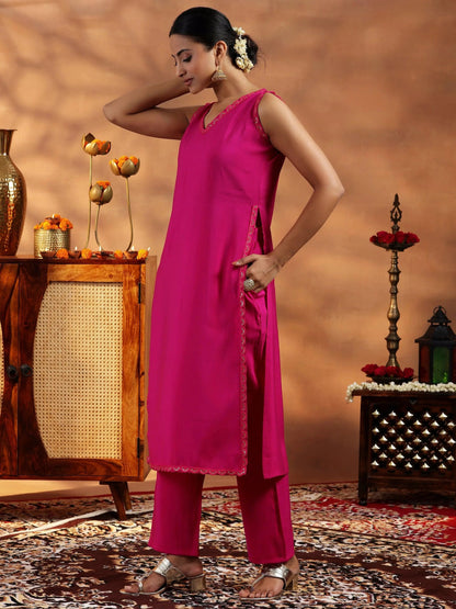 Gerua Pink Solid Silk Blend Straight Suit With Dupatta