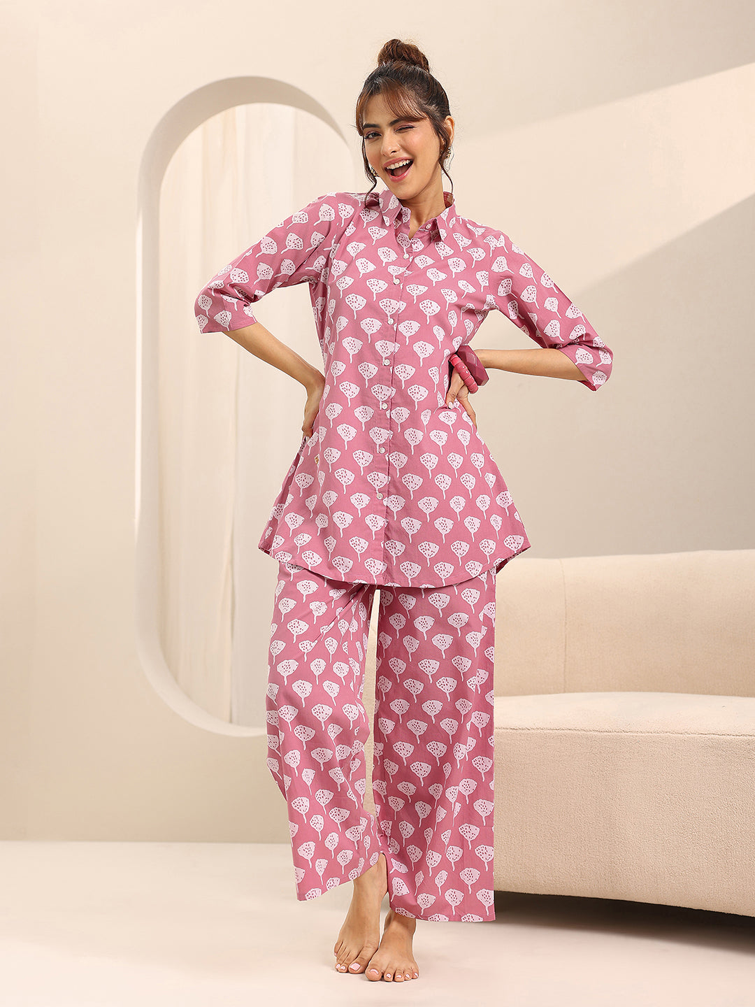Libas Pink Printed Cotton Night Suits